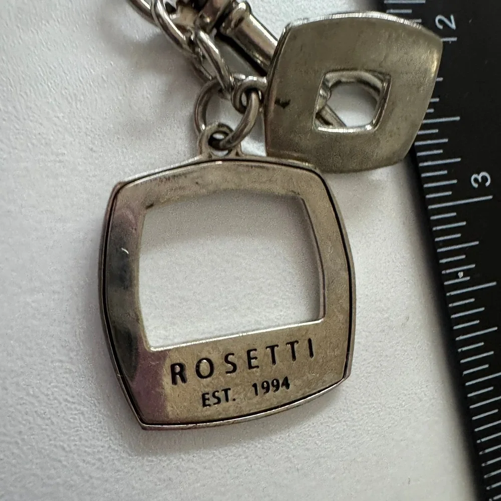 Rosetti Keychain Silver Tone Logo Square Black Enamel Modern‎ Key Ring